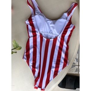 One piece red and white striped bathing suit
